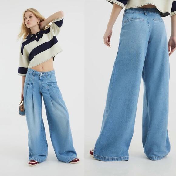 River Island Jeans Blue Tailored Wide Leg Pleated Denim - Picture 2 of 12